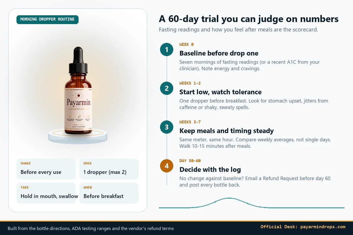 Payarmin morning dropper routine and 60-day fasting-log timeline in four steps