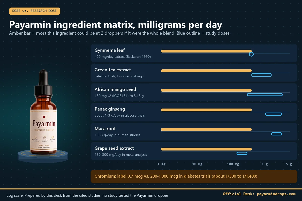 Log-scale chart comparing the most each Payarmin ingredient could be at two droppers with the daily doses used in human studies