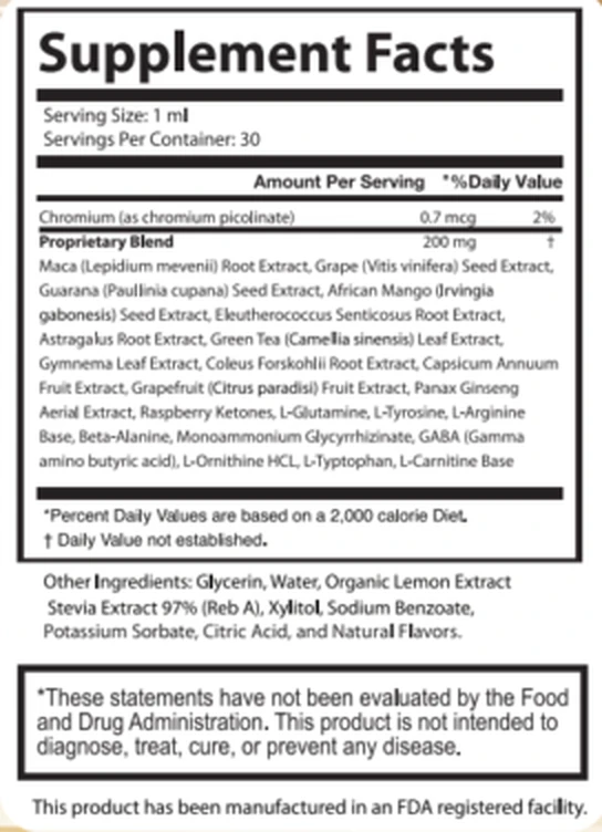 Payarmin Supplement Facts panel from the maker's label artwork: serving size 1 ml, 30 servings, chromium 0.7 mcg 2%, proprietary blend 200 mg
